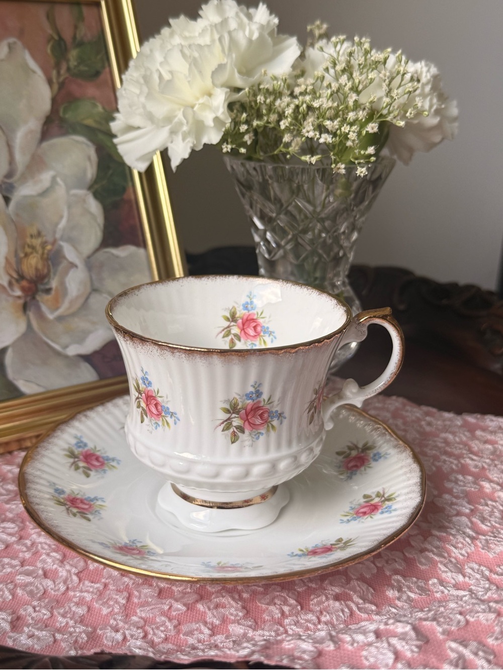 Vintage White Porcelain Teacup and Saucer with Pink Rose Pattern and Gold Trim